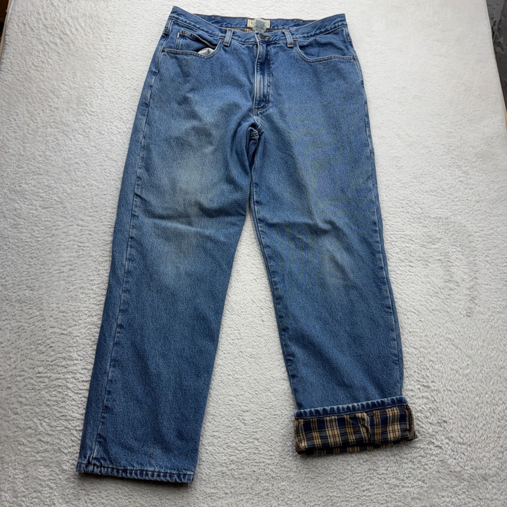 LL Bean Mens 36x30 Flannel Lined Jeans Classic Fit Blue Denim Plaid 100220